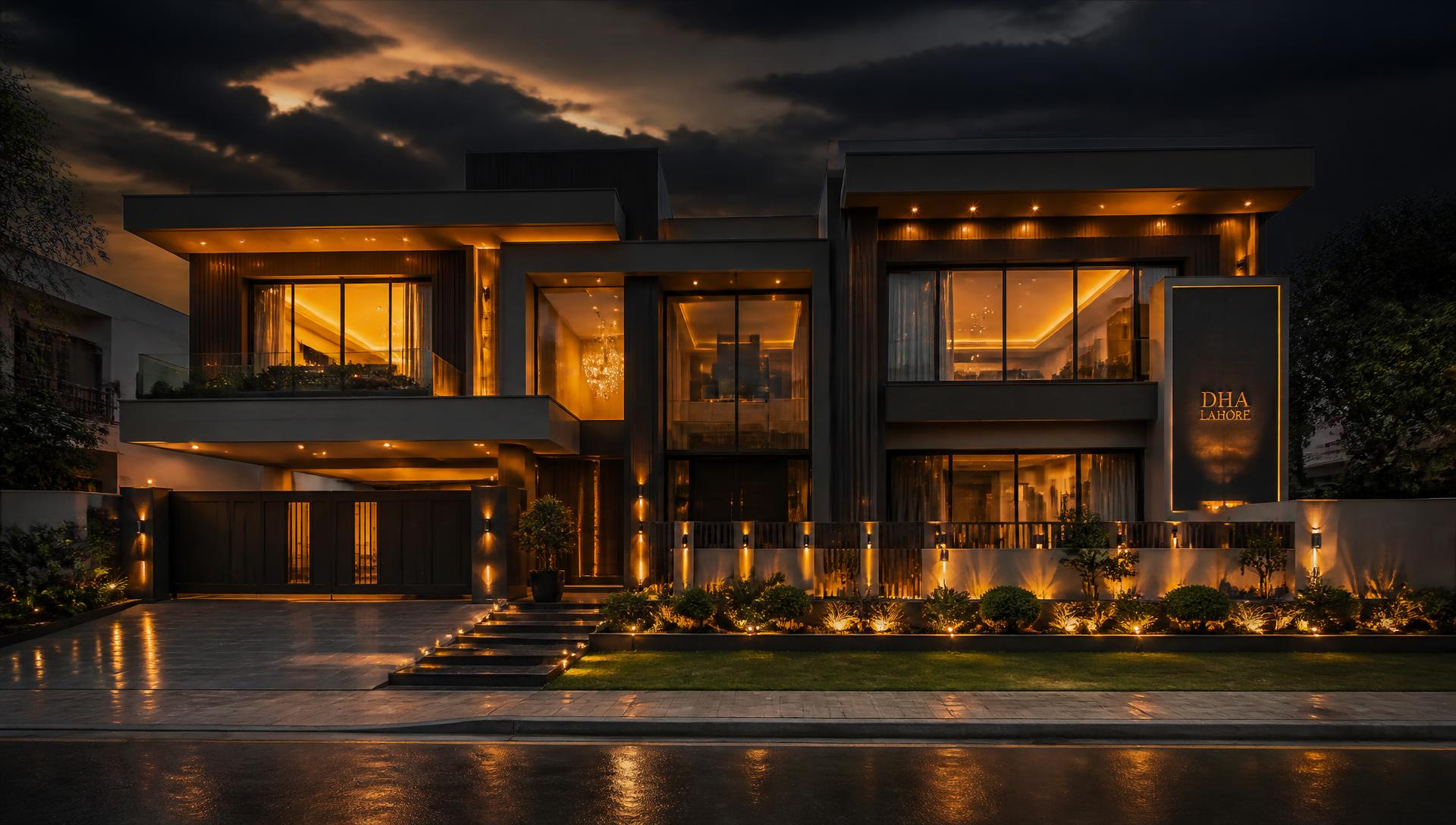 Luxury villa in DHA Lahore at dusk